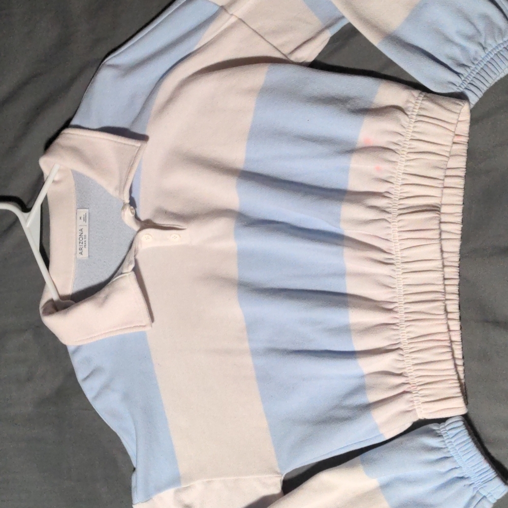 Light blue and white Crop top with fitted bottom and sleeves
